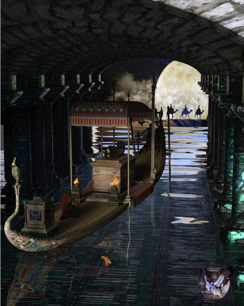 Pharaoh's last barge ride
After the weeks of preparation and mummification of the dead Pharaoh  at the royal mortuary in Thebes, it is finally time to load his body and the sarcophagus onto the royal barge and take him up river to the tomb that was prepared for him.   The tomb is loaded with all of the things the pharaoh will need with him in the afterlife, including the disassembly and reassembly of his royal barge.  After the priests have performed the opening of the mouth ceremony, the tomb is sealed.  In a few rare  cases, the very people who were building the tomb and helped the priests with the burial were killed to prevent them telling anyone where the royal tomb is located, but in most cases the tombs were robbed anyway at some point in the ancient past.

