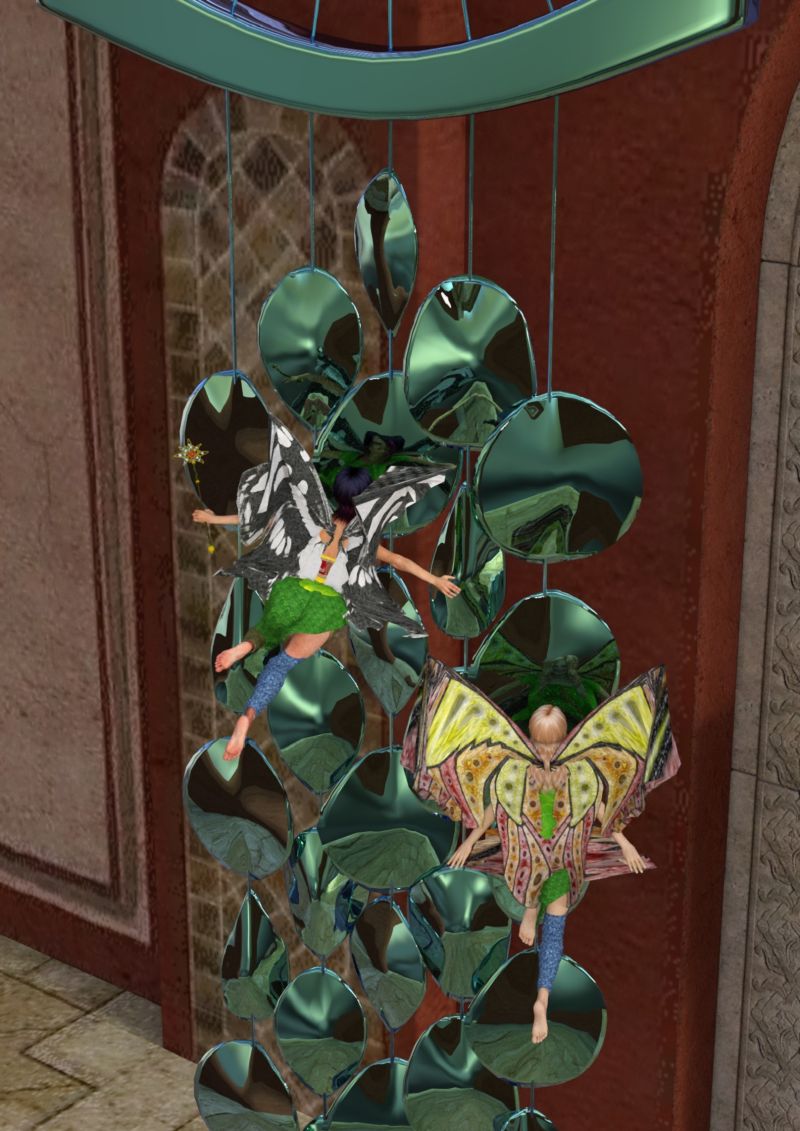 Reflections in a wind chime
two fairies stop to make funny faces in a reflective windchime
