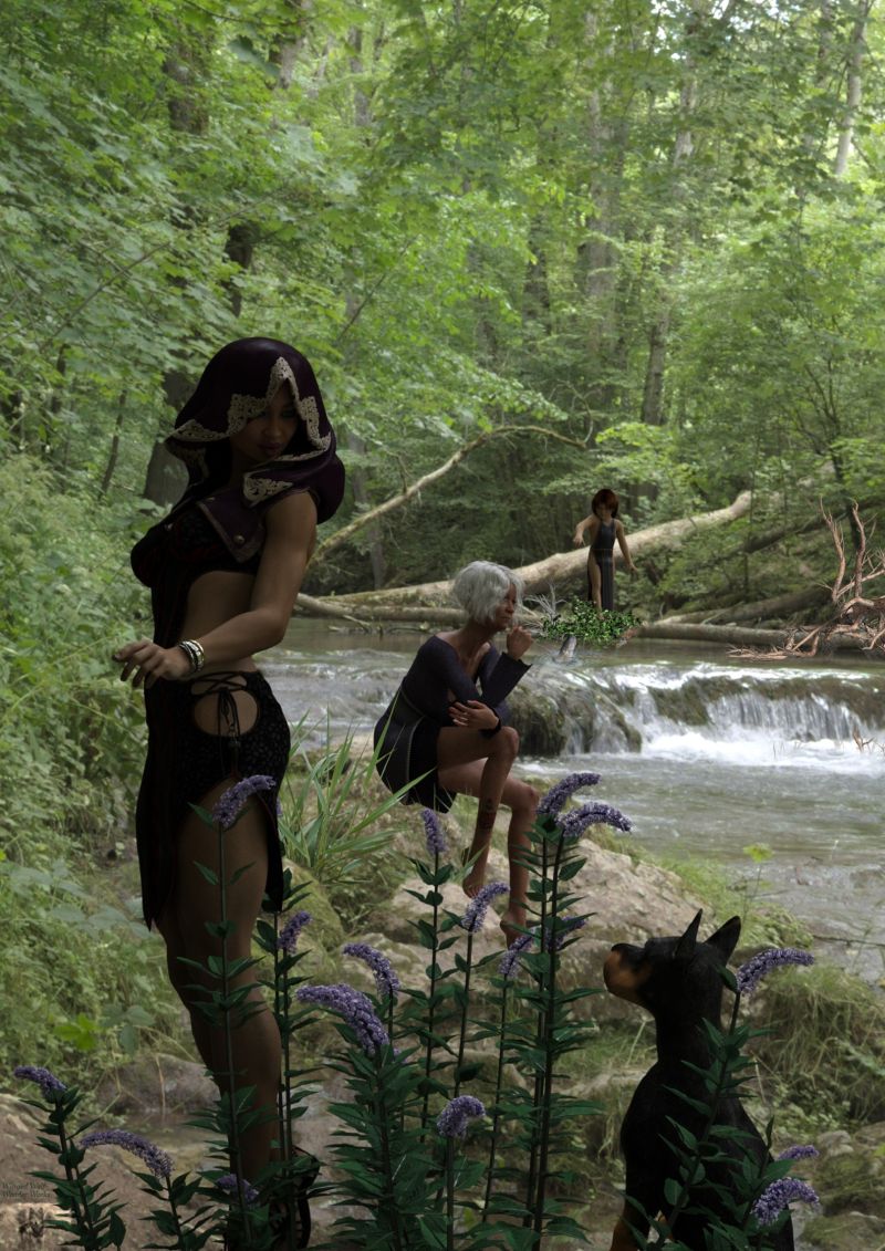 Three Generations at the river
Rebecca enjoys coming to the river with her mother, grandmother and her puppy Wondermutt when the weather is nice.  She especially likes seeing the fish that pop up out of the water each day near the little waterfall.

