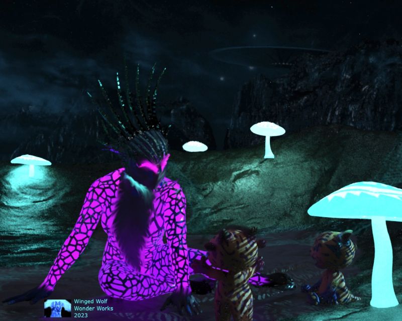 Visiting the Snorflings
A'nastsha loves to visit the Snorflings planet when she's passing through their sector of the Galaxy. Not only are they always so happy to see her and regale her with stories, they make the best glowing icecream and Pan Galactic Gargle Blasters this side of Andromeda.
