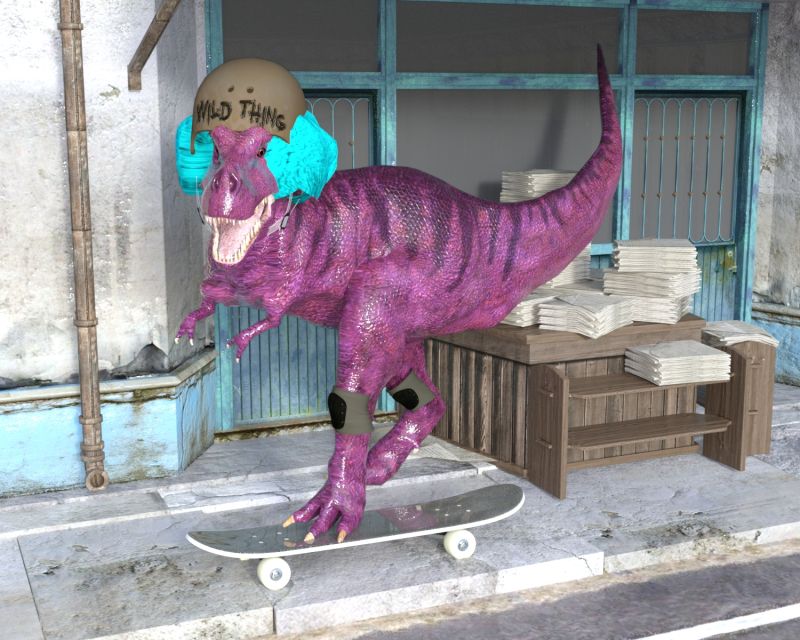 Wild thing
Rex used to get teased because of his weird pink colour, but when he started shredding around town, doing tricks on his skateboard easily that the other dinosaurs could only dream about, he earned his nickname. WILD THING.
