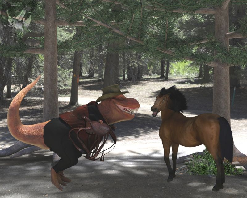 You've got to be kidding me
Charlene the mare is freaking out because Tony T rex wants to ride.  "You've got to be kidding me. that guy weighs more than me".
