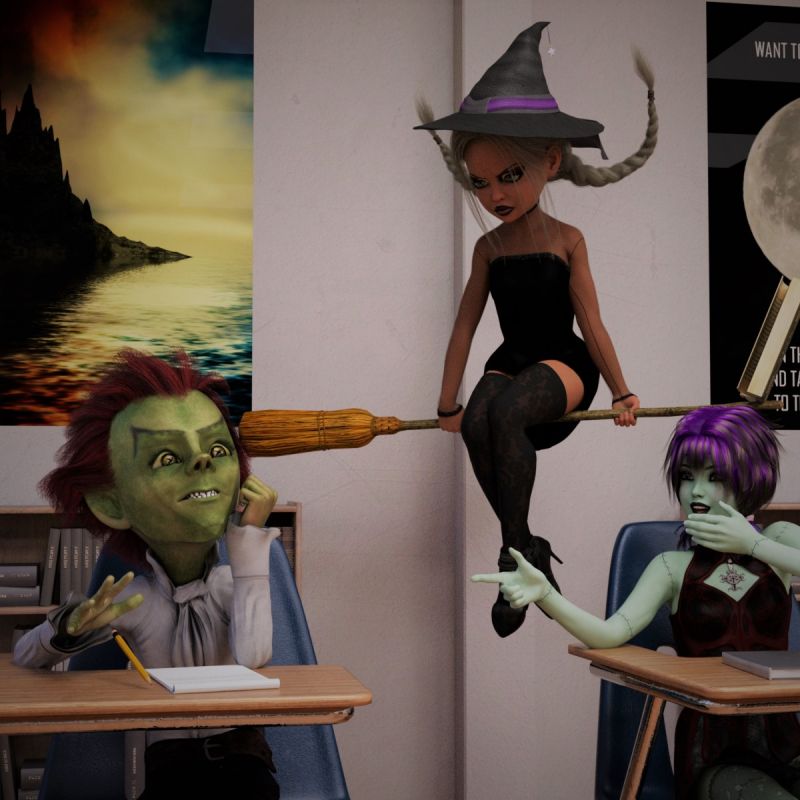 Lil Witch Hazel
Hazel, put your broom in the closet and take your seat.
Sorry professor I can't do that today.
And just why not.
Someone put a spell proof super bond on my broom handle and I am stuck until the nurse can brew up a solvent. The solvent may turn my skin bright orange.
That is terrible, if you know who did it tell me and I will have them severely punished.
No thanks professor. I know who did it and as soon as my hands are free I will be trying a new and very painful deformation spell my mother taught me.
