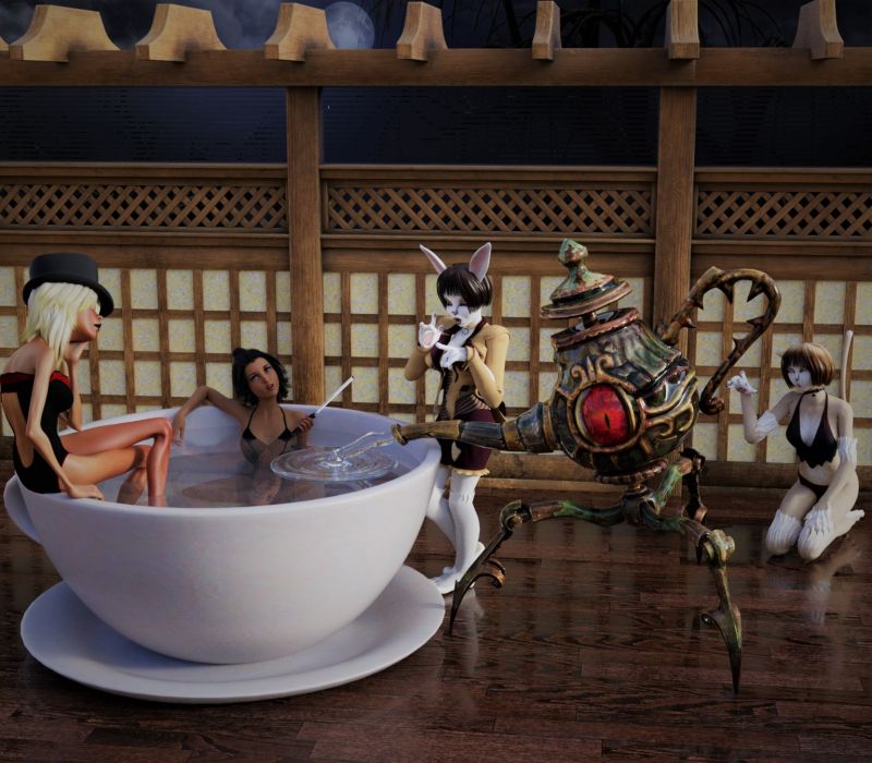 Tea Cup Bath
What do you think Lady Hatter, would bunny make a good Easter bonnet?
I'm not certain but I would love to give it a go. If nothing else I'm sure she would make a most delightful stew.
Relax bunny we are just having a bit of sport with you. Now go make us some tea and biscuits and don't even think of running off. Kitty will be watching.
