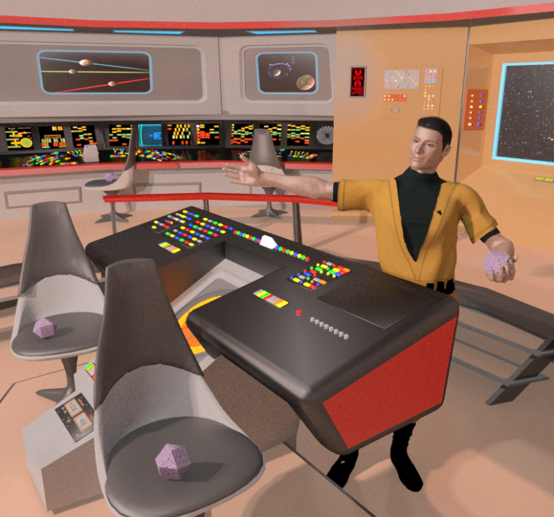 Kelvan Sales Pitch
It took so much work, and so much time to create this simple little prop that I decided to inflict it on others. The prop, which is kind of lost in this image, is a cuboctahedron, with six square faces and eight triangular faces, and was used in an Original Series episode to reduce the consumables needed on a 100 (or so) year voyage to another galaxy. The cuboctahedra are in his hand and scattered about the bridge as part of his demonstration.

