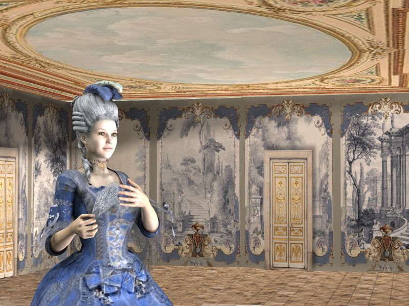 Georgian Blues
All messing about here! the ballroom is constructed using backdrops made easy, with Georgian-style features, a ceiling put on a second floor, and Victoria is wearing the morphing fantasy dress with a georgian texture. 
Keywords: historical, owntextures