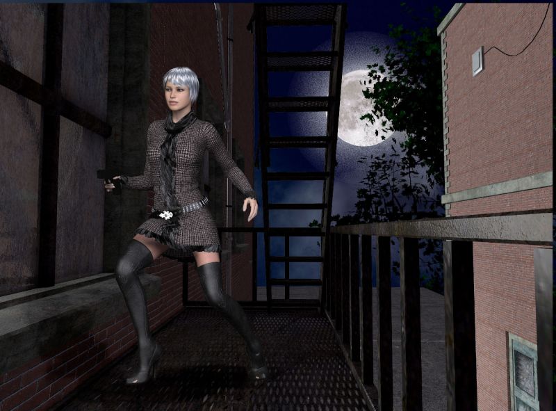 nightwalking
I messed about in the back alley until I could get this view, and put my heroine in the setting. Is she a burglar? is she a vampire? is she a spy? you decide. I put her in a tweed coat which is small lovely vii with fur trim. the fur trim didn't work 100% but it was a learning experience doing a shaggy transmap. 
Keywords: mystery, night time. 