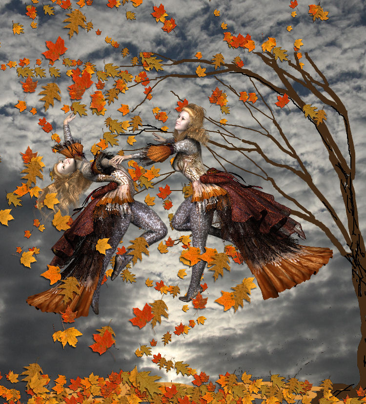 wind dancers 1 - SAOTW winner 07/01/23
messing around, I came up with dancing figures who made me think of autumn leaves in the wind. 
Keywords: fae, autumn, fairy, dancing, magic