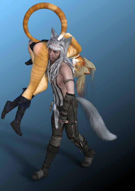 Belling the Cat
Ok here we go -grins impishly-  

A certain Tabby has been doing a few renders with Nosh and I did say I was going to respond. 

Unfortunately still working on the skin for Nosh.

As you can see the tabby put up a fight to keep from getting belled. So Nosh had to give her bunbuns a nice rosy glow before he succeeded, Now taking  her off to apply some Aloe to the sore spots .

Told you cats don't rule the world lol.  
Keywords: catgirl wolfman