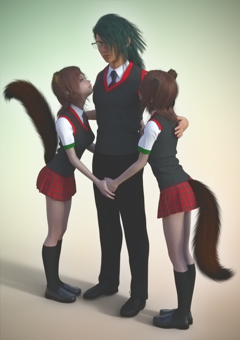 Boyfriend Target
The tanuki ninja twins decided they wanted a boyfriend. 
Havent named him yet. Juri's tail is up because she has grabbed a feel of his butt and liking what she found.  
