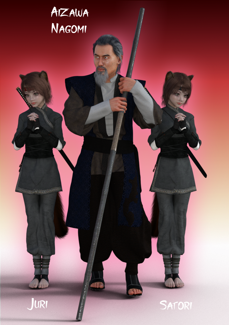 Temple Head Priest and Attendants
Misaki and Mikoto's father and head priest of the Inari temple visiting the dojo. The tanuki twins Juri and Satori made the mistake of playing a prank on Kasumi and her sister Yukina.  I will do the prank render later.
