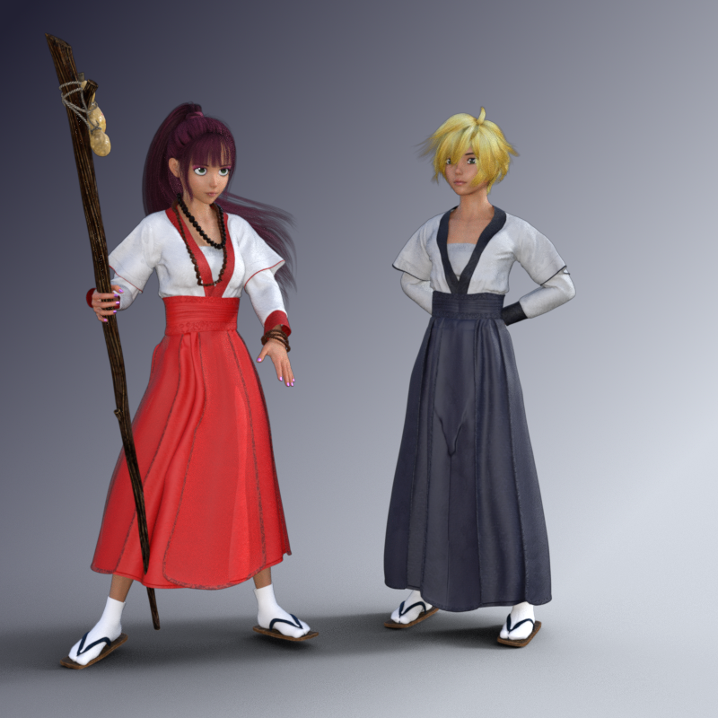 Inari temple outfits
Just started doing a simpler kitbash of a miko outfit and matching male vs my original.  Love using  Crocodile's Hanfu dress for an Asian base .  Base textures done and now the fun with transmaps and geoshells lol.   
