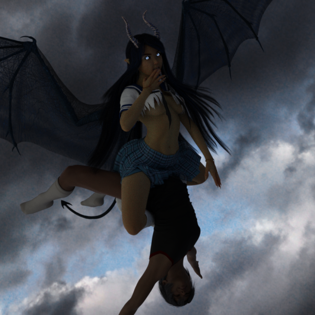 Midnight Snack
Was a working render for the contest.. Not the final plan.  
Taking her victim off to somewhere she can enjoy her meal. Doesn't want to spill a drop.
-grins- admit was tempted to give her a tummy tat quoting" Abandon all hope ye who..."  You know the rest.
