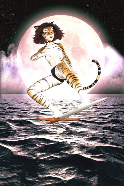 Air Surfing Kitty 
Just a quick render picking on a certain kitty that had been picking on me lol.  Inspired by a scene from a manga where a black cat was using her intelligent sword as an air board to get to a floating castle.  Couldn't kitbash the right for her so said the heck with it. 
Keywords: Anime nude catgirl