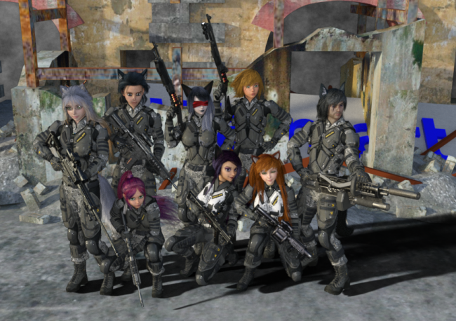 Walmart Run 
Ok Sensei had to take the class on a Walmart Run.  Of course that meant  they all had to go with government mandatory equipment for Walmart runs during a weather event.

They went a little overboard. And yes Sensei is a firm believer in maximum firepower and rubbed off on Tabby.

Ok had  a major battle getting this render done due to it seriously crashing Daz and screwing up my drivers.  Couldn't resist after making that trip there this morning and thinking about miniguns the whole time. 
