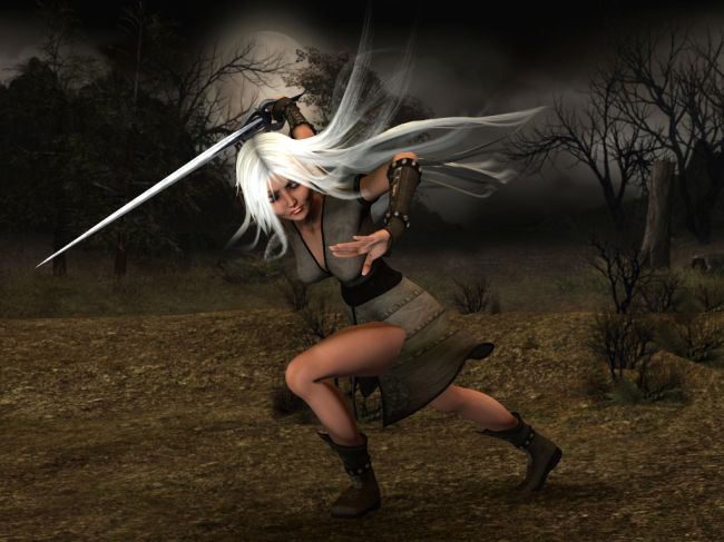 Dark Elf Defending.
Not for contest but rather for semi-study. Long minutes spent posing, positioning, getting things "just right". Launched the render, dinnae notice till after was done I neglected to double check the skirt. 
(insert face palm here)
 *sigh*

Enjoy
