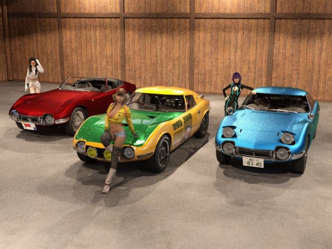 2000GT's and Makoto and Kururu and Deco Take 3
Followed Rad's advice, went to the site, learned a lot.Shibashake does a good job of presentation.
Same as afore, turned off "headlight", lengthened bake time, set architectural to on, post despeckle on.    Considering both street cars have metal flake textures, not too bad..

Enjoy     Cheers
