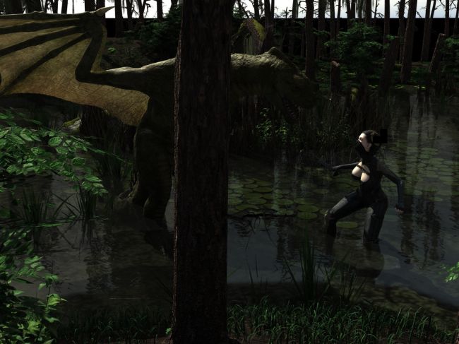 Wyvern surprise 3DL 17h 45min, error
Here's a try for the upcoming jan contest. The 3 render missing blocks took 3 of houres running, gave up early morning. Note. there's a lot of reflective surfaces in this, dinnae realize until I stopped and examined, that the hair ornaments were also highly reflective.  *sigh*
Well, can't compete, but I hope you enjoy.
"Bad enough she has to walk in a swamp, but this?"
