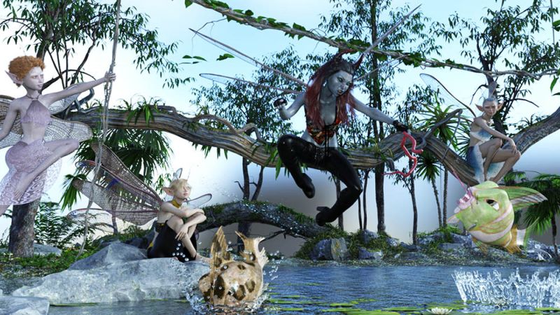 ~Oh That Ophelia~
~TOTW WINNER WK OF 8/21/21~
Ophelia was a rascally, roguish little pixie.  Always up to some devilish antics. Sometimes called little Mizz-behaving by the others in her community.  Others would roll with laughter, while others boohooed disapprovingly, and still others sat waiting for one of her pranks to catch up with her.  On this day she decided to hover over the pond teasing the Lancer fish with a worm.   
Uhoh! watch out Ophelia, cause there are even deadlier fish in the pond that jump a lot higher.

Keywords: Fairys TOTW Winner 8/21/21