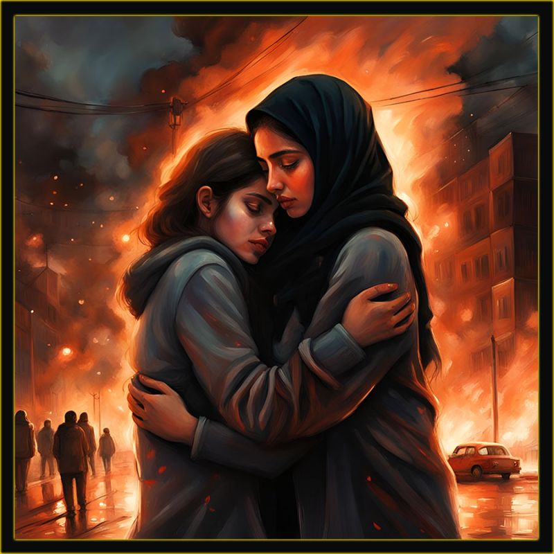 Gaza I
Out of the fire they ran into each others arms.        A young Palestinian and Israeli girl, who together amidst all the bombs and gun fire forged their own peace.
