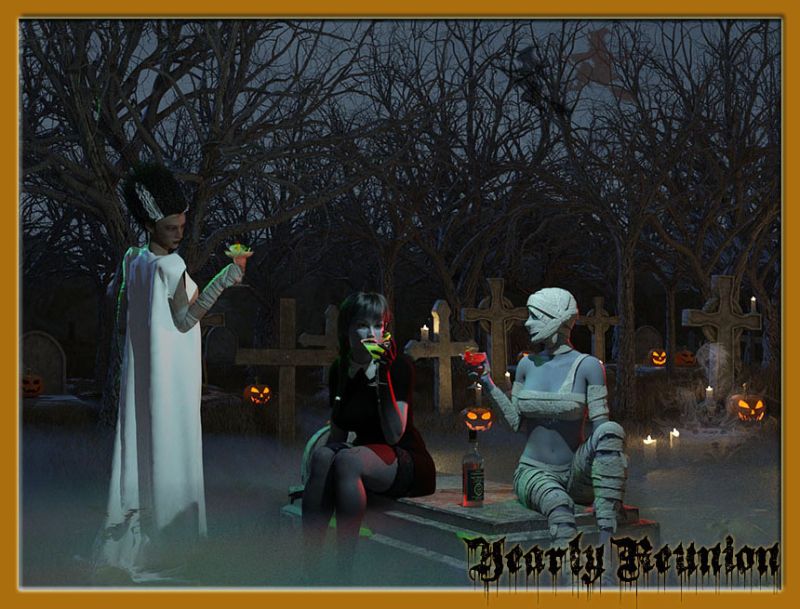 Yearly Reunion
Every year since high school they’ve met in this place at this spot to toast in the New Year.  This year they drank for the one that couldn’t be with them on this solemn occasion.  
Keywords: Halloween 