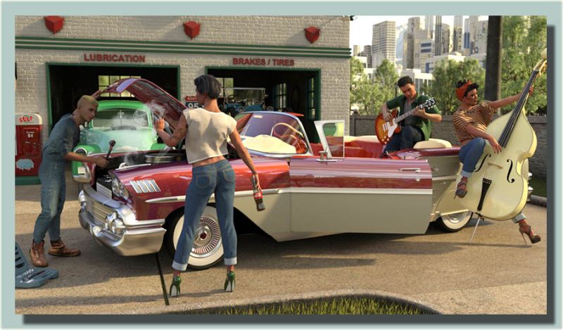 Good Rockin Tonight - SAOTW winner 10/28/23
Pulling into a service station after Barbie's car overheats on their way to a gig. Jimmy pulls out his guitar and starts playing it while the mechanic does his thing, and it’s not long before Shelley grabs her bass and the two of  ‘em are belting out the groups version of Elvis’                       Good Rockin Tonight.
Keywords: RockABilly