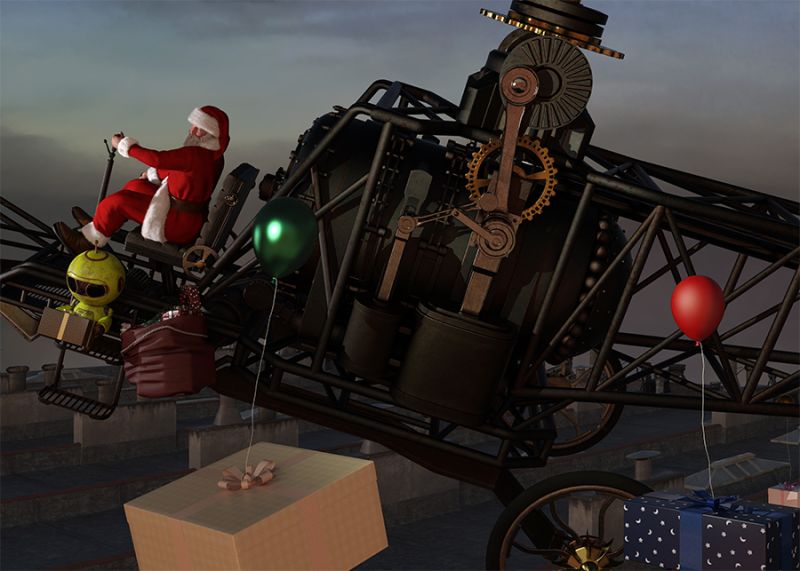 One Last Pass 
As dawn appears on the over the horizon Santa says to his helper, "Lest make one last fly over and call it a night".
