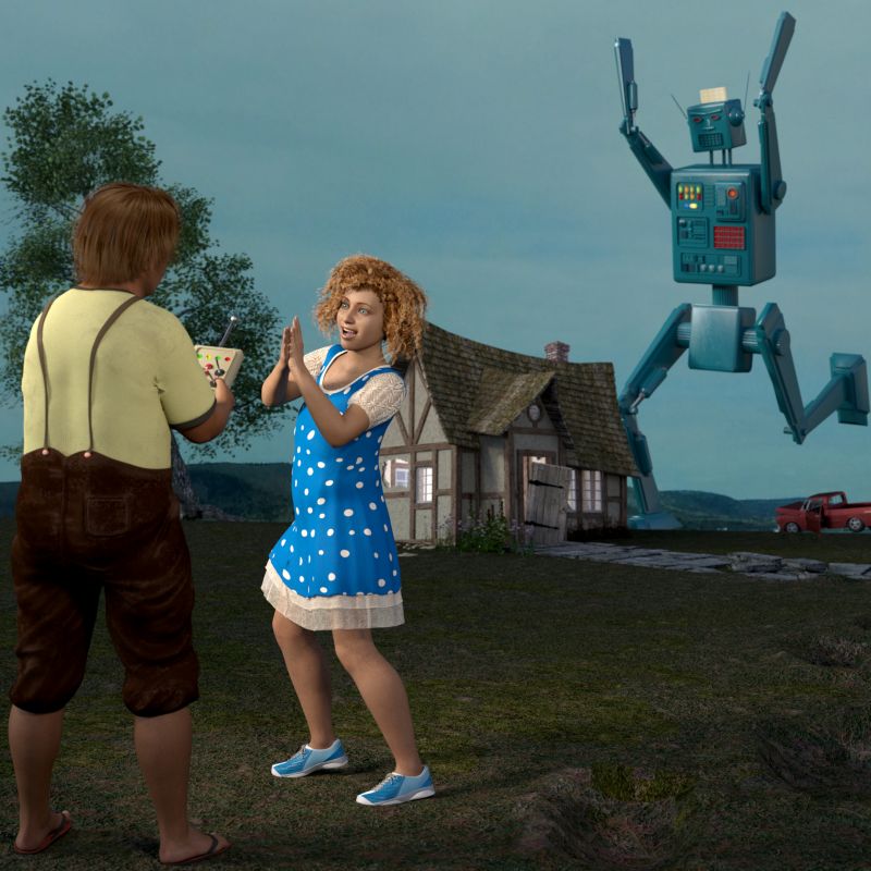 At Least They're Not On TikTok
I love doing renders with nice kids up to no good. The contrast innocence and mischief is always fun, especially when blown out of proportion.
So... here's a little something to think about next time you're bemoaning the fact that kids don't play outside anymore.
Keywords: kids robot mischief