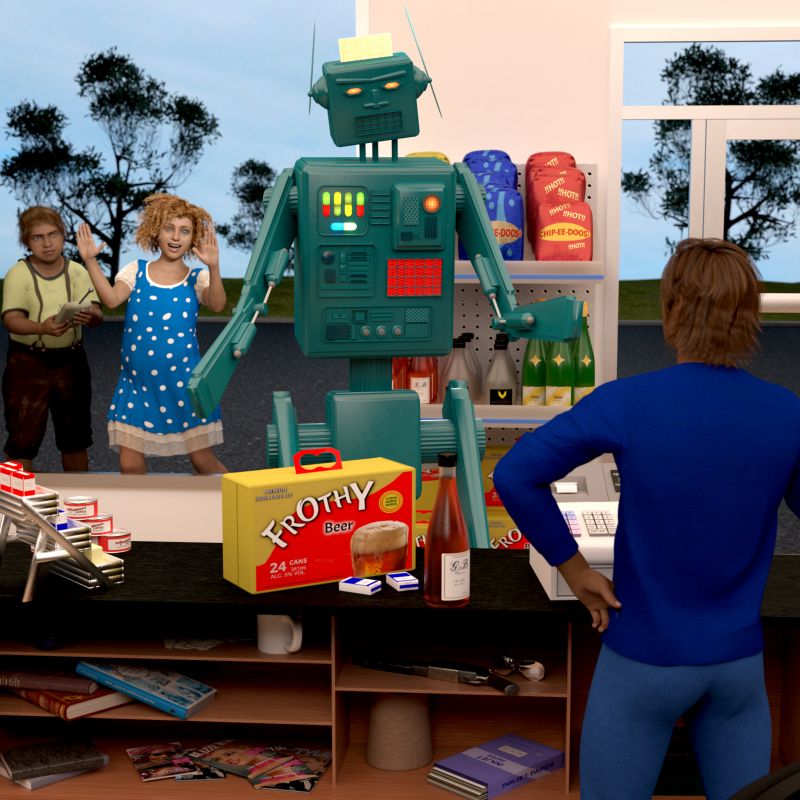 Automated Checkout
Thought I'd do a couple of renders featuring the same characters. They're just a fun bunch!
Keywords: kids robot mischief beer