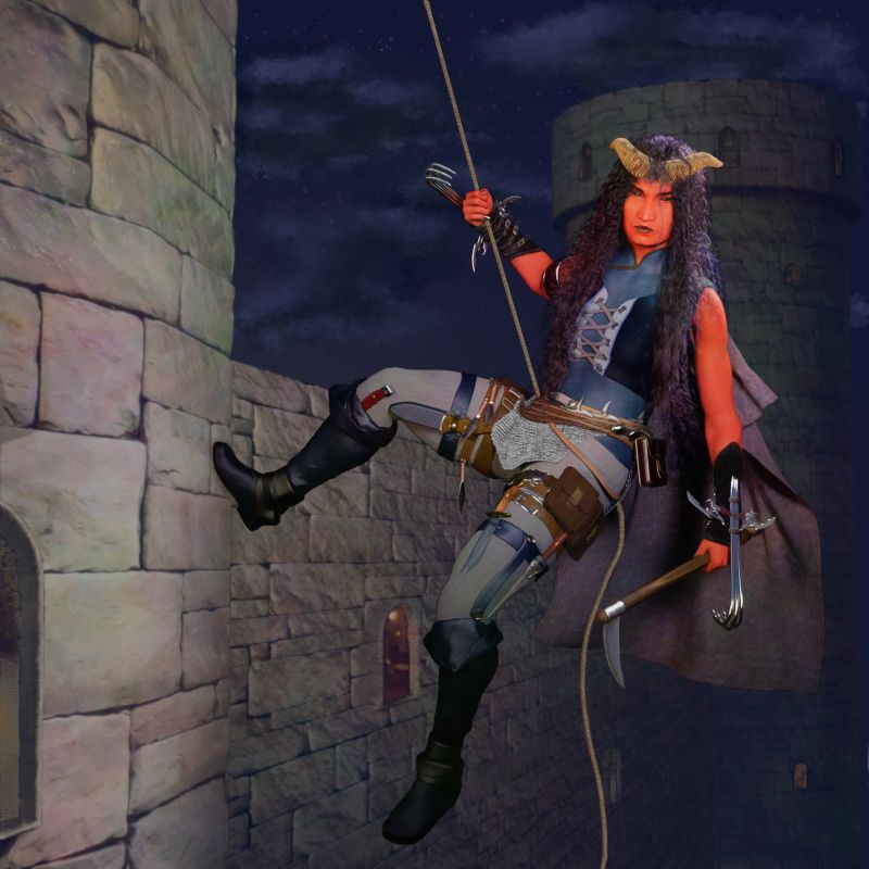 The Truth About Rapunzel
You know why I really like contests? The ideas they provide. I've been tinkering with this horned lass for a bit and I knew she needed a climbing pic but it just kinda wasn't congealing in this thick old bean of mine. Then... between this contest and International Women's Day... it hit me. This. Is. Rapunzel. She's not what you've been told she is, and she does NOT need no stupid, stupid prince to save her!! 
(Also... yay "Gaea hair" by Prae!)
Keywords: devil tiefling rogue rapunzel rappelling climbing fairytale