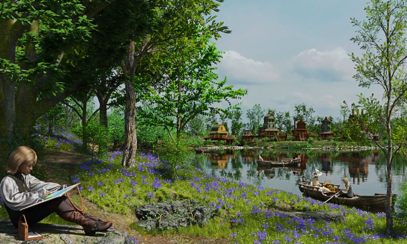 Lake View
Our Princess enjoys the scent of the first spring flowers, the colours of the new leaves and the warmth of the sun on her face, she pauses during her walk through the forest to sketch the scene of the boats on the lake, she can hear the busy voices of children in the playground a little further down the path but for now she savours the peacefulness of the water and the forest.
