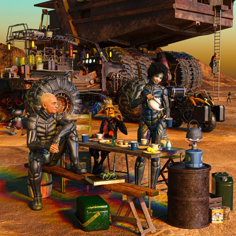 2nd Place~Tea
Much of the time we spend alone in our endless mission of searching and exploration.  Every once-in-a-while we manage to meet together and relax with a good cup of tea.
Keywords: tea space desert company