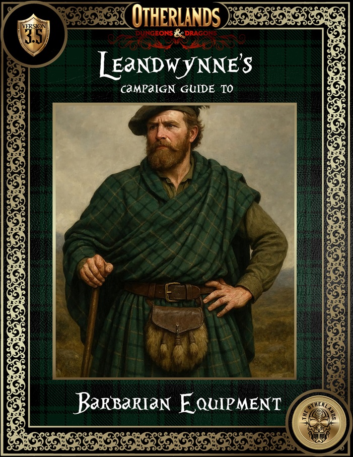Leandwynne's campaign guide to Barbarian Equipment
The companion to Leandwynne's campaign guide to Barbarian Tribes. This 98 page beast is filled with equipment to insure your version 3.5 D&D barbarian is cooler than anything WOTC puts out. 
Keywords: Barbarian Guide book 