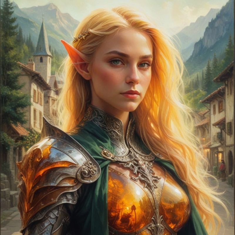 Pentashi 
My brothers Ranger character. She is wearing armor made from the sap of the Angorim tree, which when heated gets as hard as steel. 
Keywords: elf