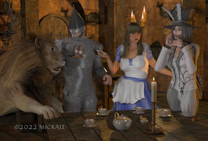 Alice and White Rabbit walk into a Tea bar...
"Tiiiinnn! Are we sure it's not the rabbit that "Enchanter Tim?" told us about? ...please don't let it be that rabbit, please don't let it be that rabbit... it'd be too hard to eat..
"Yes, I'm sure.. it doesn't have the big, nasty teeth. And it's a friend of Alice. You remember Alice. She came here with Dorothy that time."
"He's not going to eat you. TinMan explained who you are. but still, probably don't make any sudden moves..."
"Are you sure? He looks hungry..."
