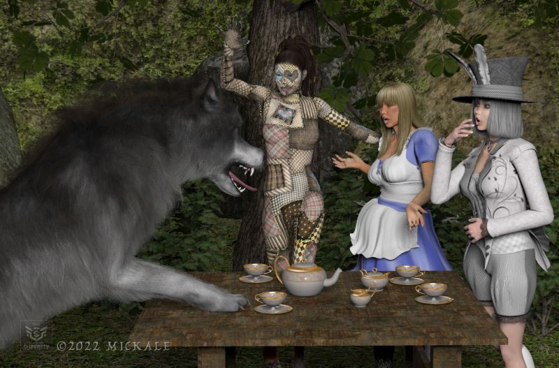 Alice meets Wolf
"So, Patchdoll, that is the little girl who keeps following that blasted White Rabbit? I intend to eat them both!"
"Cyferous, behave! This is Alice's fifth trip here and we shall be having a civilized Tea. You will not eat our guest. Or the Rabbit."

(due to prop and character limitations, the White Rabbit was re-imagined. hope this fits the parameters)
