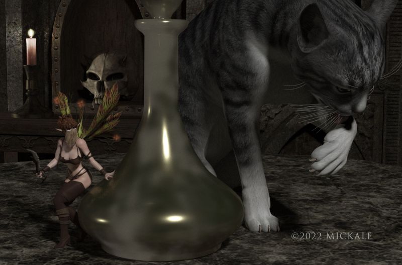 The Hit
"The Fairy Mob had a price on the witch's cat. This HitFae was determined to collect it. She was, however, the 17th one to try."

Thanks for lookin, enjoy.
Keywords: elf fae fairy cat woman skull