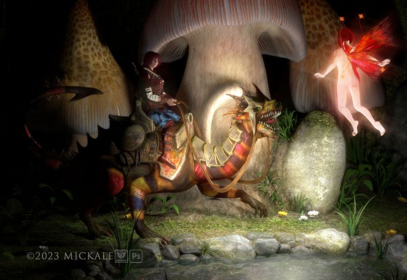 Midnight in the Mushrooms
"The midnight mushroom village traveller discovered that fairies glow when you interrupt their hot-spring skinny-dipping time.."

had a happy accident setting up lighting and went with it.
thanks for looking, enjoy.
