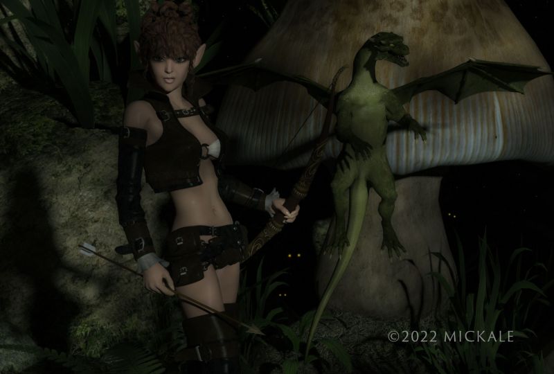 Elven Hunter
"The mighty Elven hunter of the night, 'One-Shot' Jaakeen, and her trusty retriever dragon, Spot."

Thanks for looking, enjoy.
Keywords: elf elven dragon night hunter woman