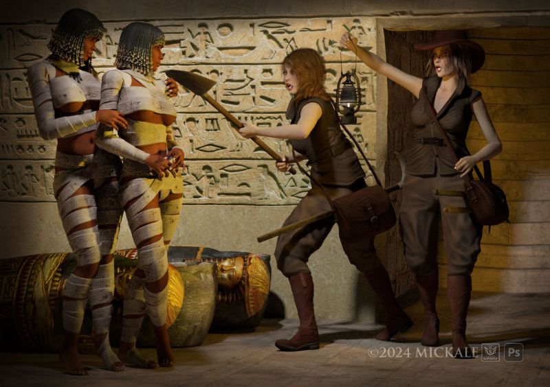 The Mummies
"The archaeologists had heard the rumors of mummies returning to life on certain nights, but thought them only that: rumors. They were quite shocked when they walked into a burial chamber and found a couple mummies mid-unwrapping."

thanks for looking, enjoy..
