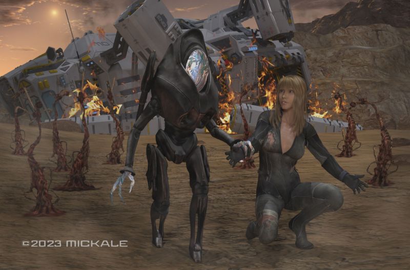 5th Place~Crash Landing
"...freighter ship crash landed. I see no one else. This creature does not appear hostile. It feels.."squishy." Bringing it in before it gets too close to and eaten by one of the sand-eels..vile creatures. Over."
