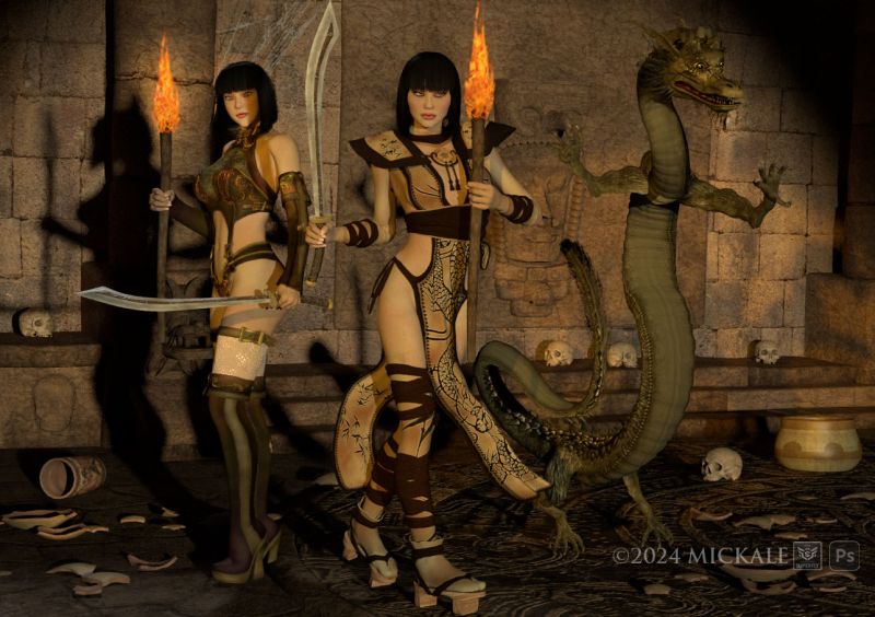 Tensha and Yoshika and Bob...
"The Orient's most notorious bounty hunters -- Tensha, Yoshika, and Bob the Dragon -- on the hunt in an abandoned temple." 

thanks for looking, enjoy.
