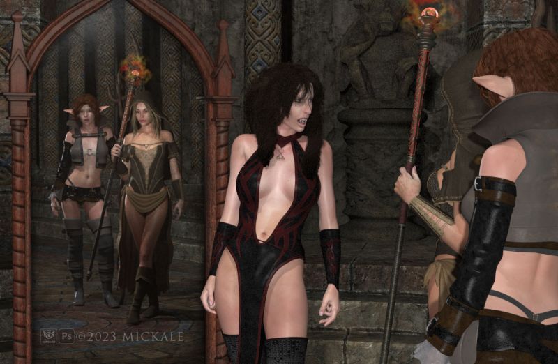 The Summit Meeting
"At the Summit Meeting of the Witches, Elves, and Vampires in the neutral Gargoyle Hall, some were less visible than others."  

Thanks for looking, enjoy.
