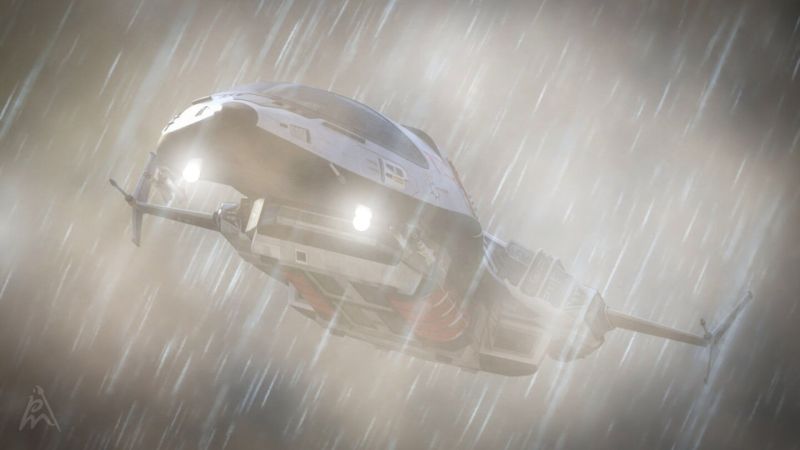 Bad Weather
Undeterred, Captain Marlowe steered the Starlight Voyager through the turbulent atmosphere, battling against the gale-force winds and lashing rain. Lightning crackled ominously around them, illuminating the rugged terrain below. But still, they pressed on, their determination unyielding.

A Daz Studio Iray render.
Keywords: spaceship rain storm