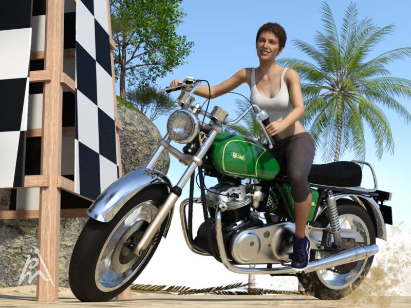 Racing on the Beach
Motor racing on the beach.

Closeup of the beach tower (own model created in Blender and a request of a friend).
Keywords: female motorbike racing beach