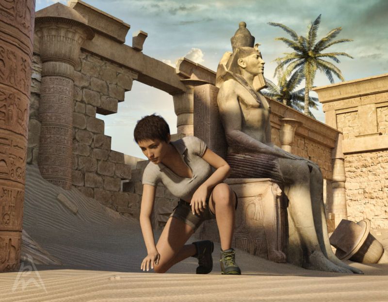 Egyption Adventure
It is early i the morning as Karin is looking around at this Ancient Egyption site. The wind is moving the sand around and unhide things that are under the thick layer of sand.

A Daz Studio Iray render with postwork color adjustments to get this mood.


Egyptian Ruins by Summoner that I won.
The pose is from a pose set where I am working on.

Keywords: ancient Egypt