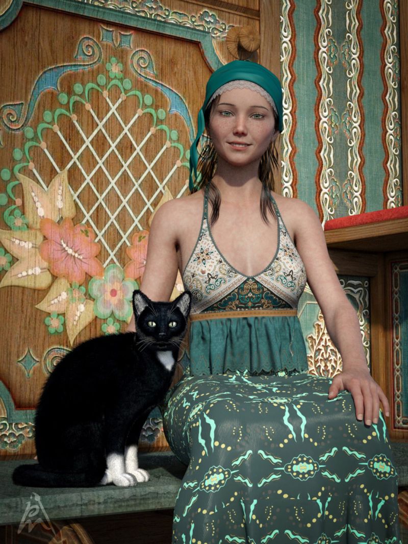 Gypsy Girl Aline - SAOTW winner 06/24/23
Gypsy Girl Aline with her cat. She can look into the future and it good when she smile.

Thank you for taking a look.

Credits:
Aline For G8/G8.1 Female by Passion3D
dForce Gypsy Lace Halter G8G8.1F by Sveva
Gypsy Hair for Genesis 2 Female(s) by Valea at Daz3D
Bardot outfit at Daz3D
Daz House Cat at Daz 3D
Boundless Journey at Daz 3D
Own pose
Keywords: female gypsy cat