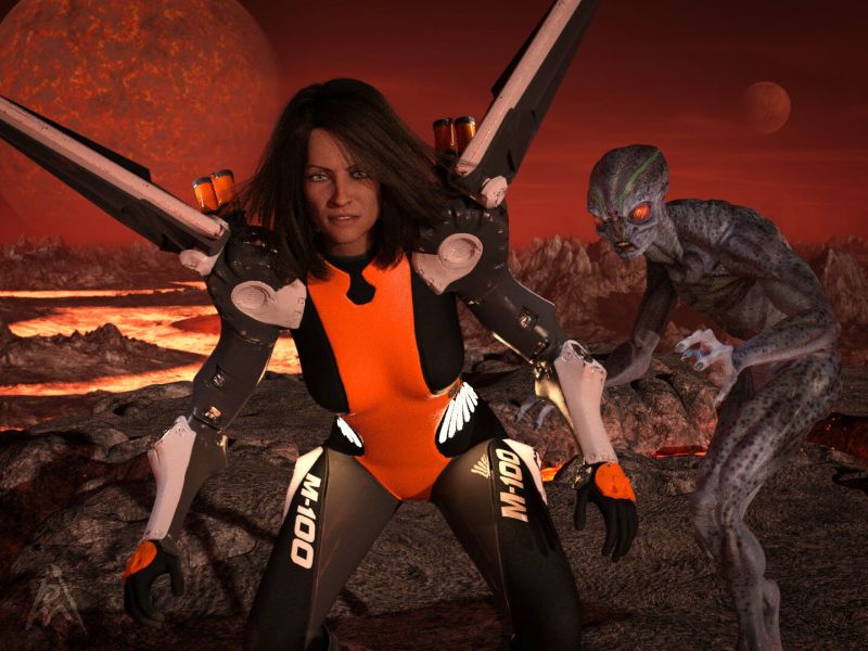 Be Aware
Lexy is, together with her crew, on the surface of Pheshan 0T8X, a  planet of the galaxy Lambda Perileos, and searching for the crew of a wracked spaceship. With her wing suite she can easily move around in this very difficult environment. She has just landed here and a hot wind is blowing in her face. There is something that is taking her attention but she is also taking someone else attention. Will she be fast enough to get out of this dangerous situation?

A Daz Studio Iray render.

Thank you for taking a look.
Keywords: sci-fi female creature lava