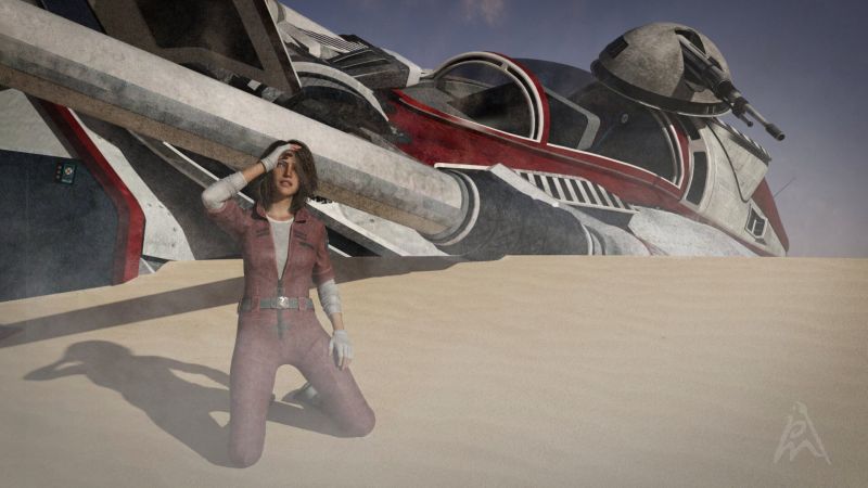 The Crash
It was a normal low height test fly through the desert as the problems started and Ironstar crashed. 
It took Becky Graves, the pilot, some time to get out of the damaged Ironstar through this sand around it.

Daz Studio render.

I posed the Ironstar that it looks like it is damaged and also created the pose for G8F.
Keywords: starship crash desert sand