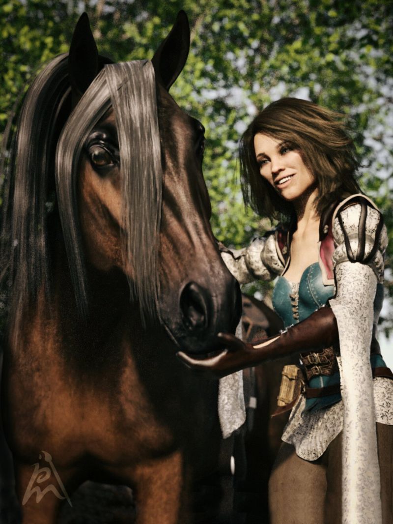 Isabella and Midnight Star
In a kingdom surrounded by lush forests and towering mountains, there lived a princess named Isabella. She was known throughout the land for her adventurous spirit and love for horseback riding. Isabella's favorite companion was her faithful steed, a majestic brown stallion named Midnight Star.

The forest was alive with the songs of birds and the whisper of leaves dancing in the breeze. Isabella and Midnight Star navigated through narrow paths and over babbling brooks, their bond of trust and companionship unbreakable.

As they ventured deeper into the woods, they stumbled upon a clearing adorned with vibrant wildflowers and bathed in golden sunlight. Isabella dismounted and let Midnight Star graze while she explored the tranquil surroundings.

A Daz Studio Iray render.

Keywords: princess horse forest